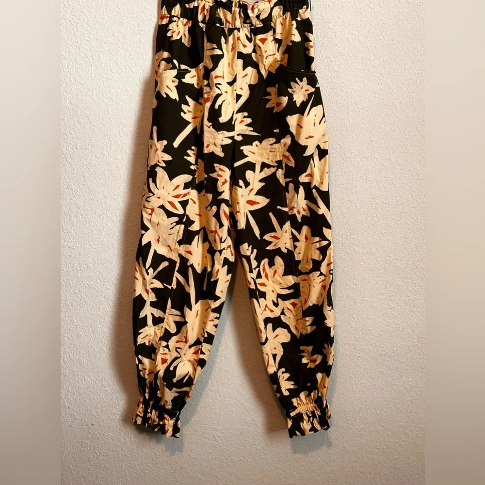 Zara Floral Green Floral Pullon High Waisted Cotton Trousers Women's Size Medium